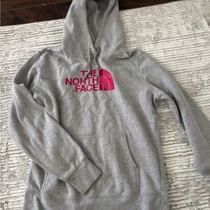 The North Face Heather Gray Hoodie with Vibrant Pink Logo